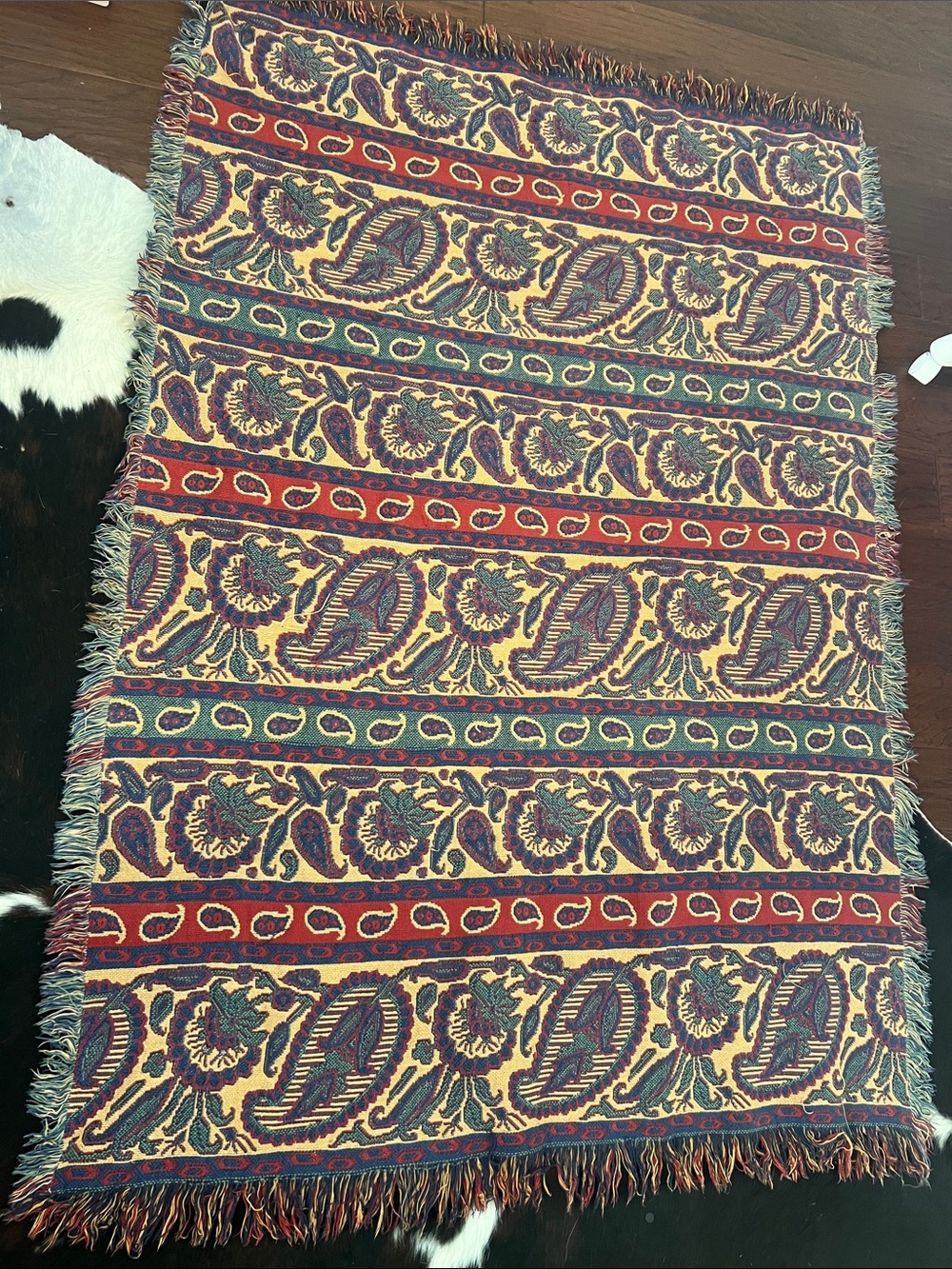 Boho Vintage Western Floral Woven Throw Blanket - Red, Yellow, Green & Blue - Picture 3 of 5